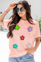 Pink Glittering Chenille Flower Patched Pattern Crewneck T Shirt