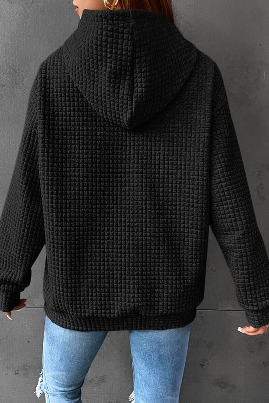 Sudadera con capucha con cordón y bolsillo de canguro con textura de celosía negra