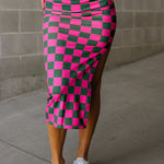 Rose Checkered Print Side Slit High Waist Midi Skirt