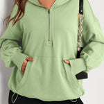 Smoke Green Solid Kangaroo Pocket Half Zipper Oversized Hoodie