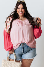 Pink Contrast Floral Patchwork Long Sleeve Plus Size Blouse