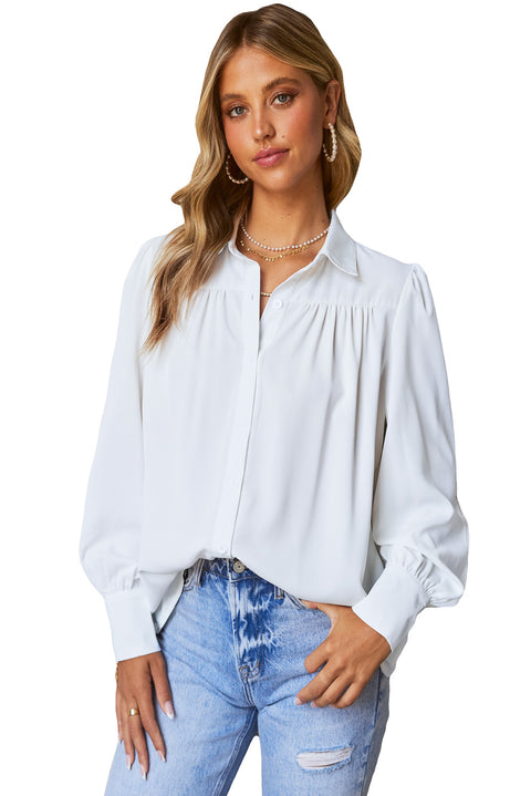 Solid Color Button Up Puff Sleeve Blouse