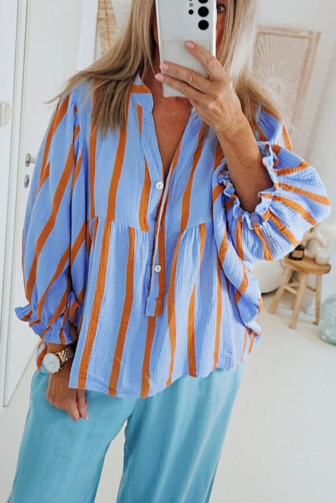 Sky Blue Stripe Crinckled Ruffled Sleeve Button up Loose Shirt