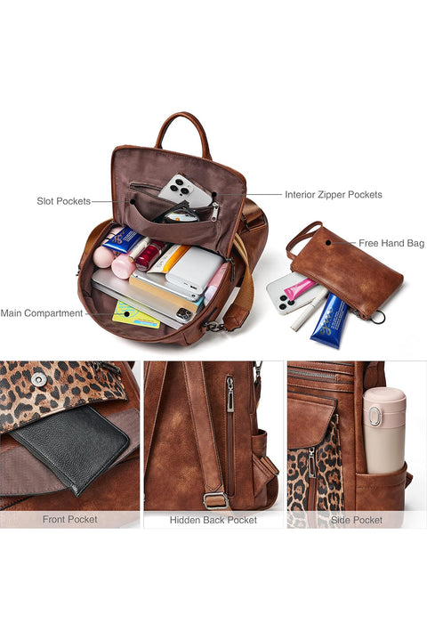 Coffee Leopard Patchwork PU Leather Functional Backpack