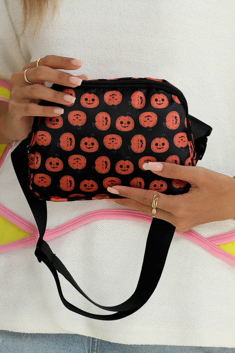 Black Halloween Pumpkin Print Buckle Strap Square Crossbody Bag