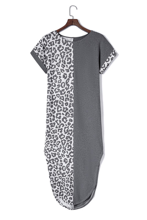 Contrast Solid Leopard Short Sleeve T-shirt Dress with Slits