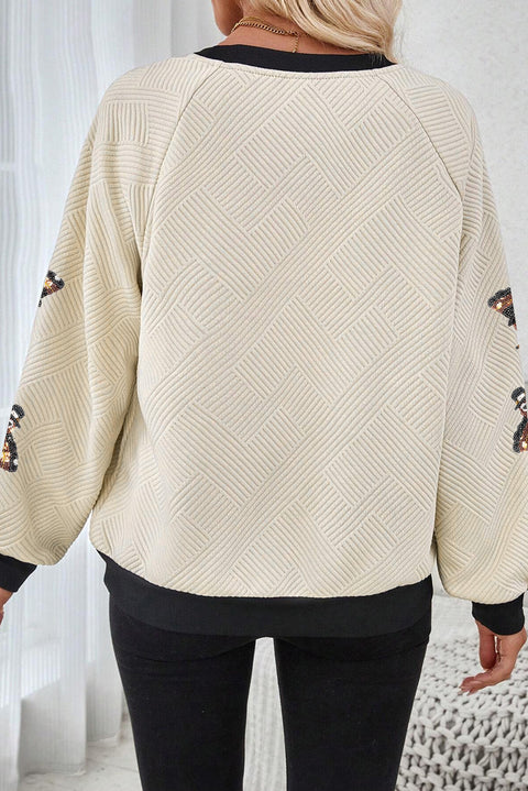 Jet Stream Textured Colorblock Edge Sequin Turkey Graphic Long Sleeve Top