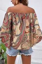 Apricot Paisley Printed Shirred Off Shoulder Ruffled Draped Sleeve Blouse