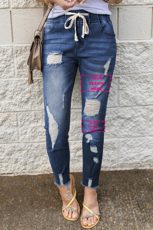 Drawstring Elastic Waist Hole Ripped Jeans