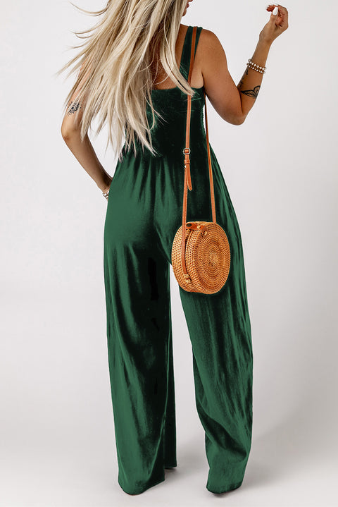 Smocked Sleeveless Wide Leg Jumpsuit with Pockets