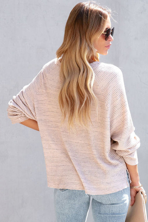 Pink Waffled Knit Long Sleeve V-Neck Frayed Top