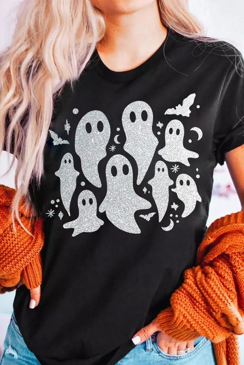 Black Halloween Glitter Ghost Pattern Crew Neck T Shirt