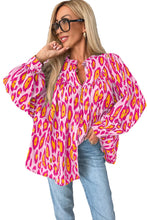 Rose Red Oversized Leopard Print Balloon Sleeve Casual Shirt