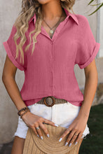 Rose Red Crinkle Textured Cuffed Short Sleeve Shirt