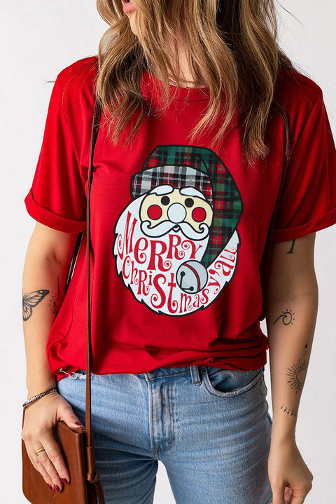 Camiseta navideña con cuello redondo y gráfico de Papá Noel rojo