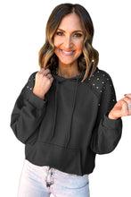 Black Solid Color Rivet Stud Raglan Sleeve Hoodie with Pocket