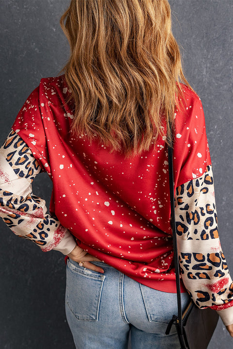 Red Leopard Heart Shaped Bleached Print Pullover Sweatshirt