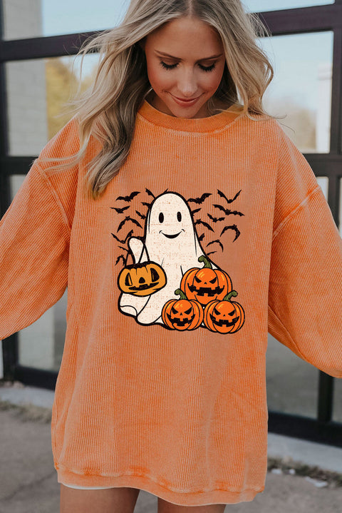 Orange Halloween Ghost Pumpkin Bat Print Corded Pullover Sweatshirt