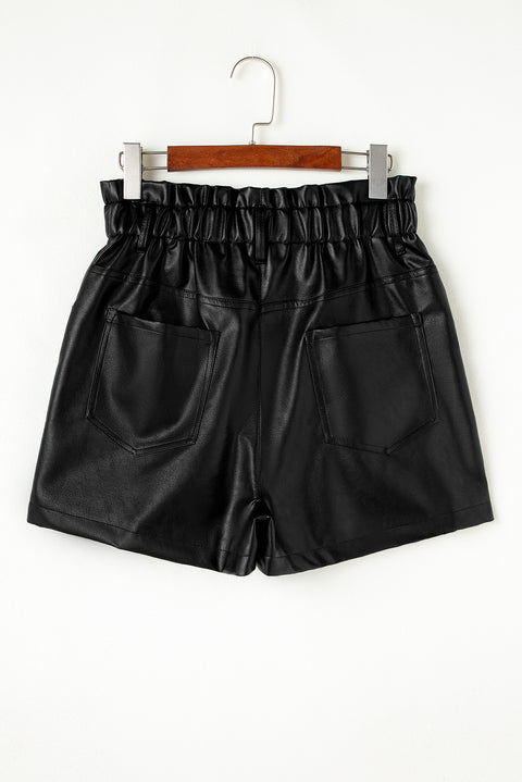 Black Faux Leather Paper Bag Waist High Rise Shorts