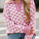 Pink Checkered Buttons Collar V Neck Drop Shoulder Sweater