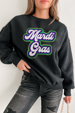 Black Mardi Gras Chenille Patched Graphic Drop Shoulder Sweatshirt