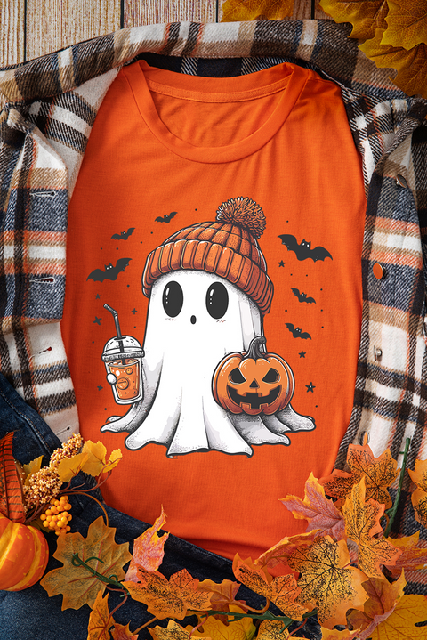 Orange Cute Ghost Pumpkin Face Printed Halloween T Shirt