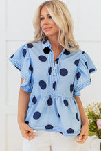 Sky Blue Polka Dot Print Ruffled Short Sleeve Buttoned Collared Blouse