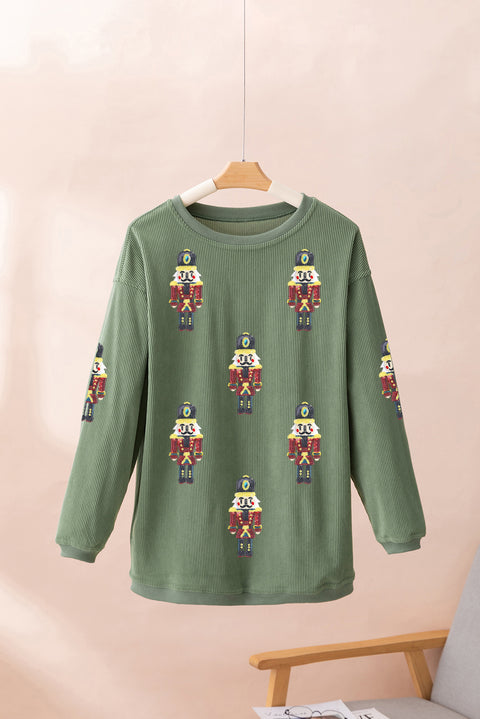 Grass Green Christmas Nutcracker Graphic Corded Pullover Sweatshirt