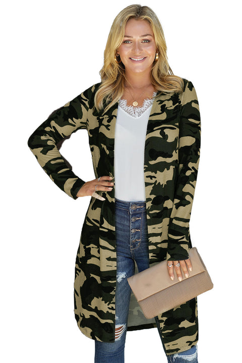 Green Camo Print Long Cardigan