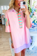 Pink Rainbow Stripe Half Sleeve Buttoned T Shirt Dress