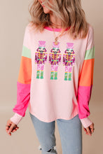 Pink Christmas Sequin Nutcracker Graphic Colorblock Long Sleeve Top