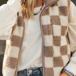 Khaki Checkered Sherpa Collared Jacket Vest