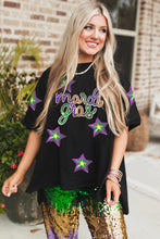 Black Sequin Stars mardi gras Lettering Oversize T Shirt