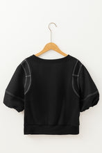 Black Contrast Stitches Detail Puffy Half Sleeve Blouse