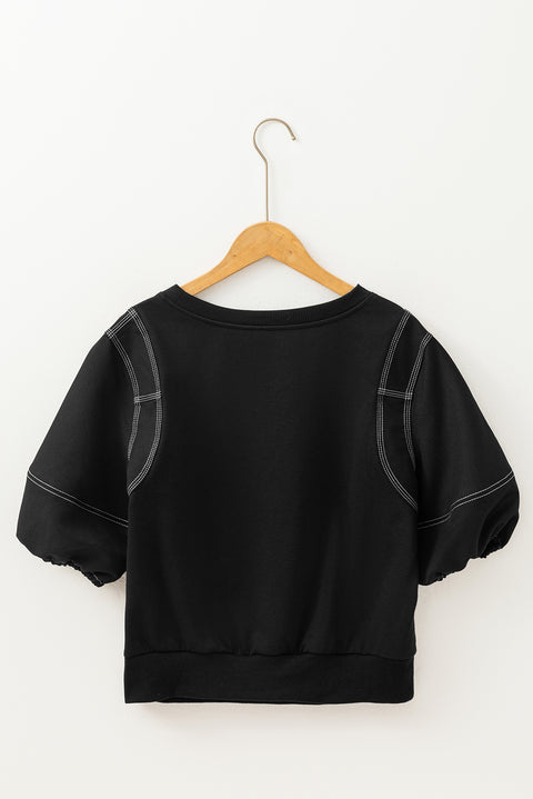 Black Contrast Stitches Detail Puffy Half Sleeve Blouse