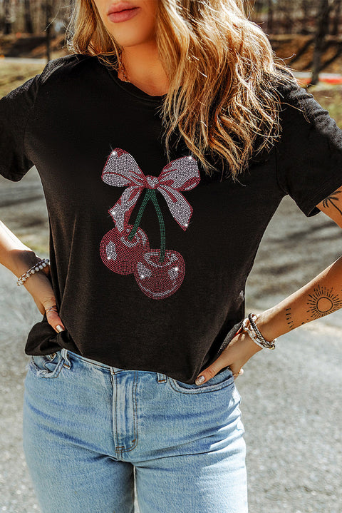 Black Rhinestone Bowknot Cherry Graphic T Shirt