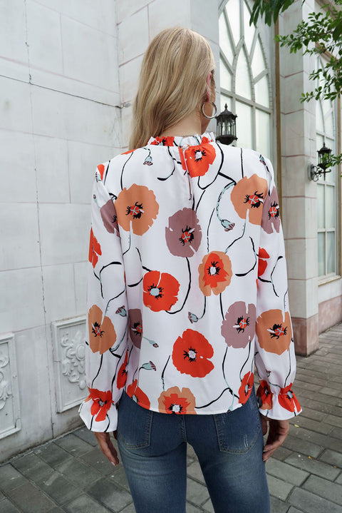 White Poppy Floral Frilled Neck Ruffled Sleeve Blouse