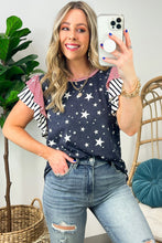 Gray Striped Ruffled Sleeve Star Print T Shirt