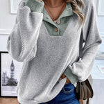 Light Grey Color Contrast Ribbed Loose Fit Long Sleeve Top