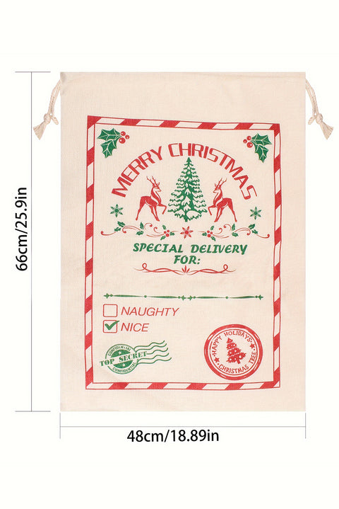 White Merry Christmas Elk Print Drawstring Gift Sack