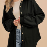 Black Waffle Knit Patchwork Buttoned Oversized Shacket