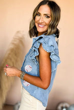 Beau Blue Sequin Baseball Graphic Button Up Ruffled Sleeve Frayed Denim Top