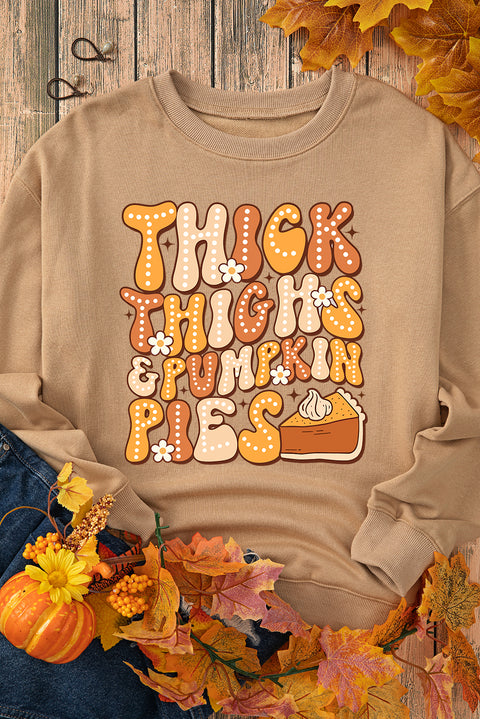 Khaki Thick Thighs & Pumpkin Pies Drop Shoulder Graphic Sweatshirt