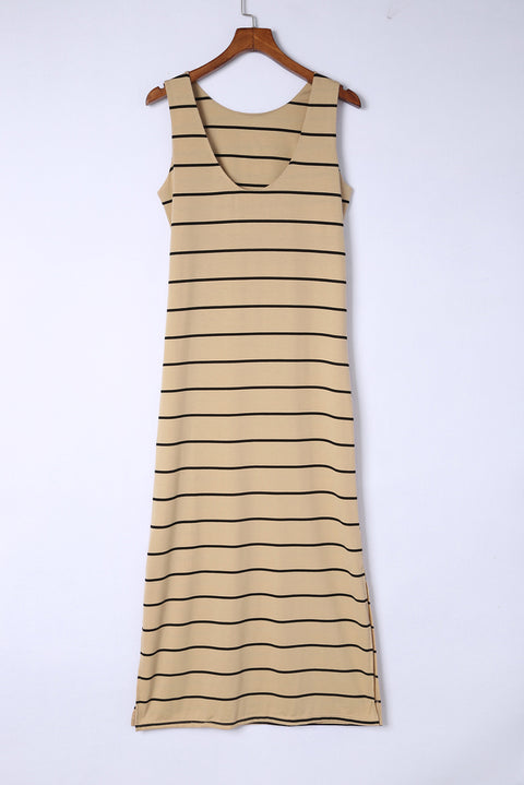 Stripe Print Open Back Sleeveless Maxi Dress with Slits