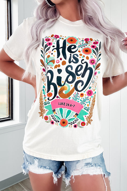 White He Is Risen Floral Print Round Neck T Shirt