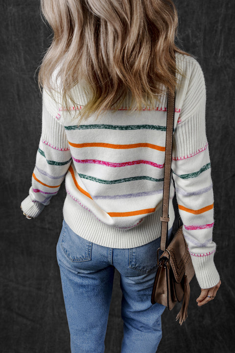 White Colorful Striped Ribbed Trim Sweater