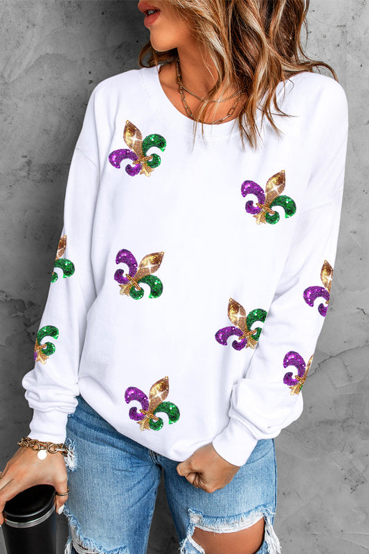 White Sequin Carnival Graphic Pullover Sweatshirt