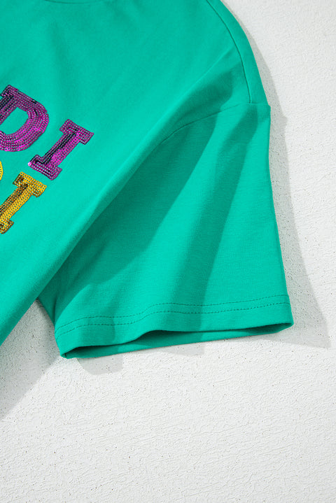 Sea Green Sequin Mardi Gras Letter Graphic T Shirt