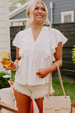 White V Neck Pleated Front Ruffled Sleeve Shirt