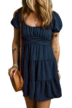 Navy Blue Swiss Dot Jacquard Puff Sleeve Crossover Tied Tiered Dress